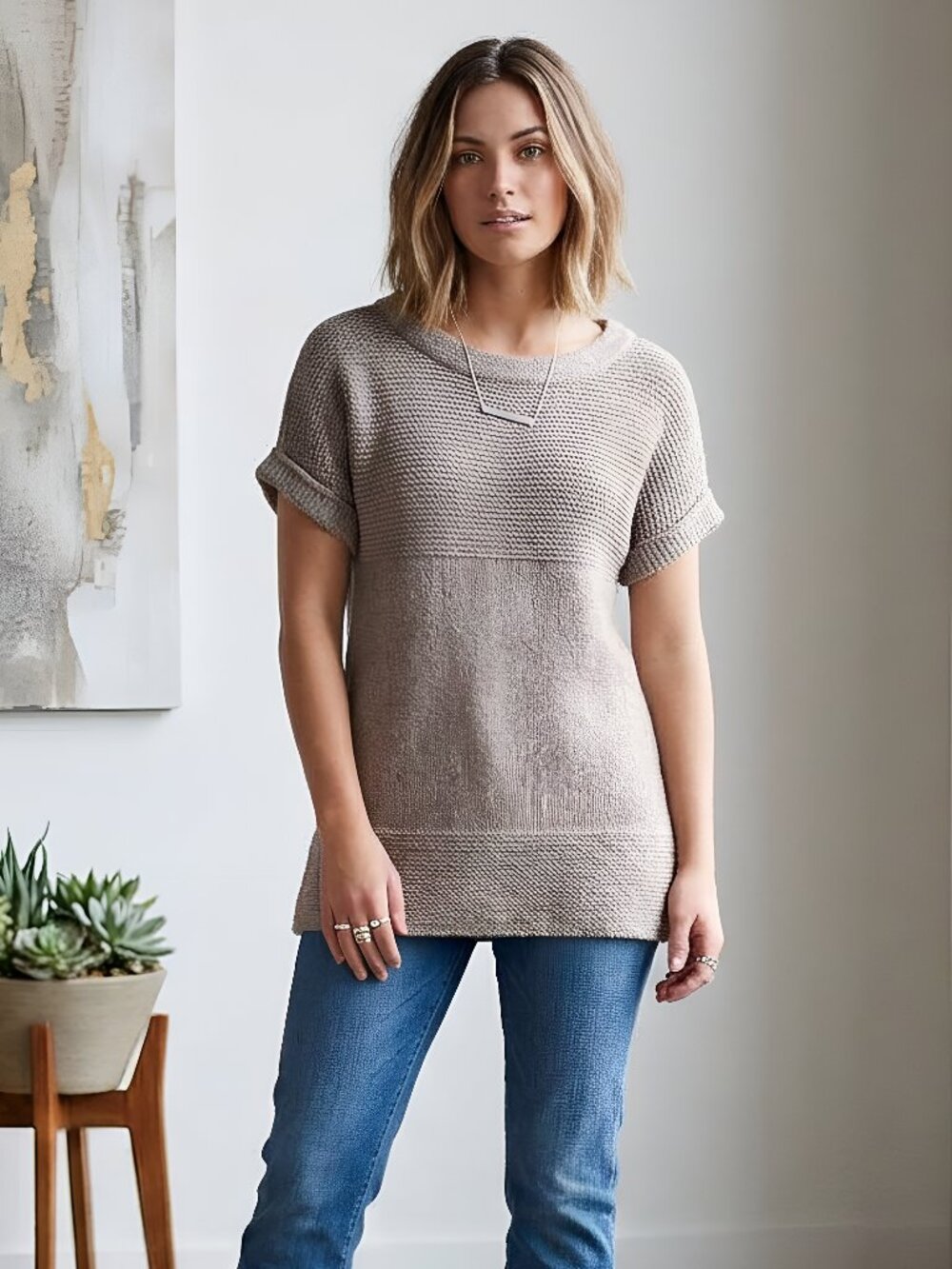 Anthropologie Kenji Sweater Womens Medium Beige Short Sleeve Roll Sleeve Long